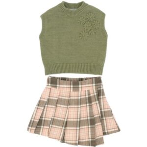 Completo gilet con ricamo e pantagonna a quadri
