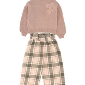 Completo maglione ricamo e pantalone caramella a quadri