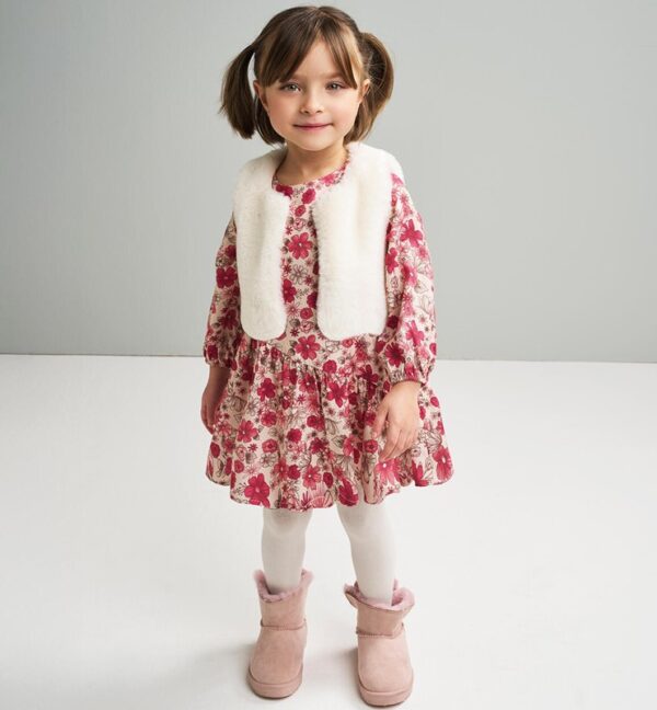 Vestito fantasia floreale con gilet in eco pelliccia