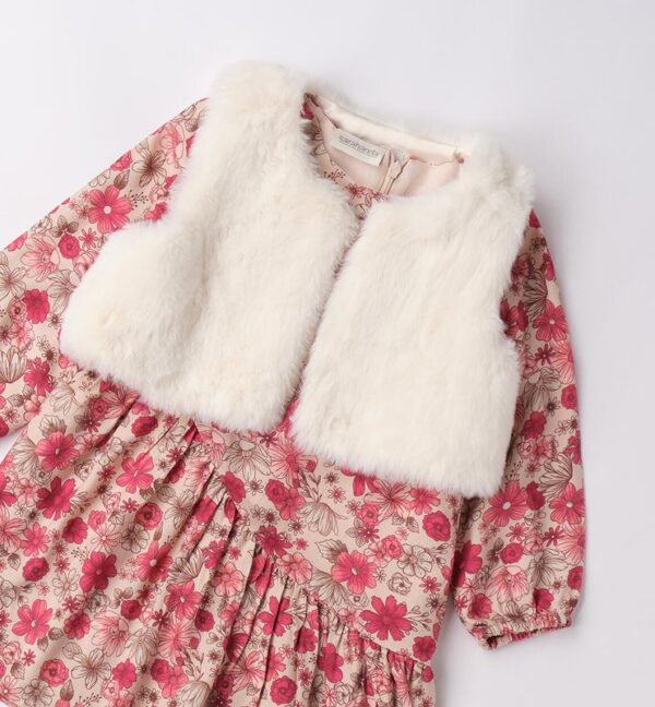 Vestito fantasia floreale con gilet in eco pelliccia