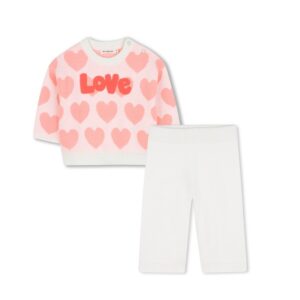 Completo in maglia maglione fantasia cuori e pantalone
