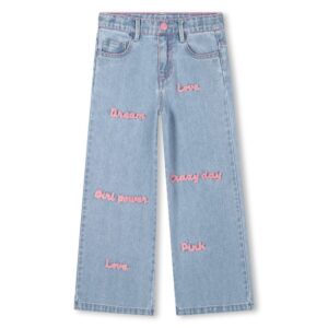 Pantalone in denim con scritte effetto spugna