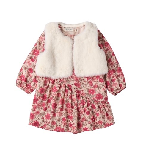 Vestito fantasia floreale con gilet in eco pelliccia