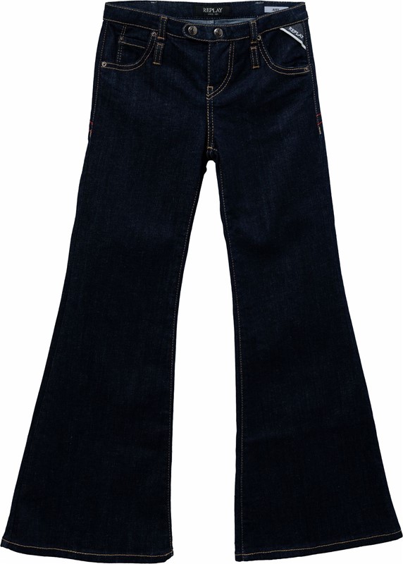 Pantalone in denim a zampa con ricamo r sul retro