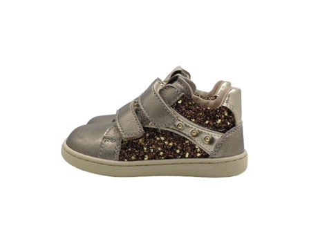 Sneaker primo passo in pelle laminata e glitter con velcro