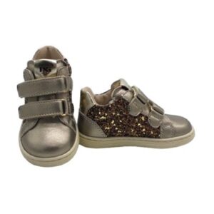 Sneaker primo passo in pelle laminata e glitter con velcro