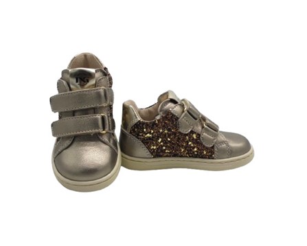 Sneaker primo passo in pelle laminata e glitter con velcro