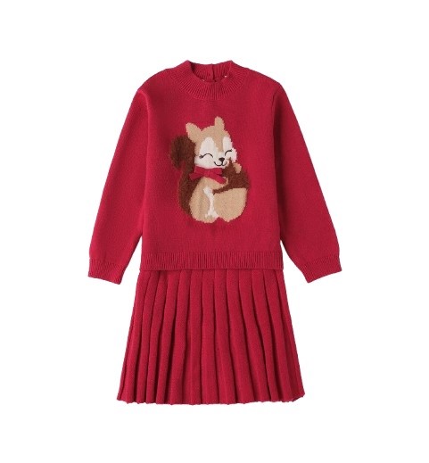 Completoin maglia con scoiattolo e gonna plissettata