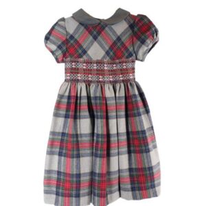 Vestito fantasia tartan con ricamo punto smock
