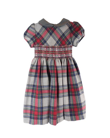 Vestito fantasia tartan con ricamo punto smock