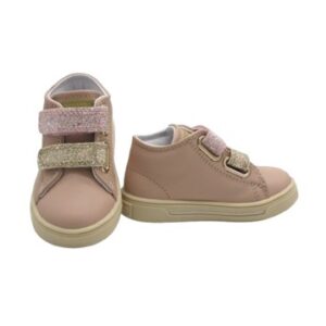 Sneaker primo passo in pelle con doppio velcro glitter