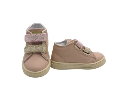Sneaker primo passo in pelle con doppio velcro glitter