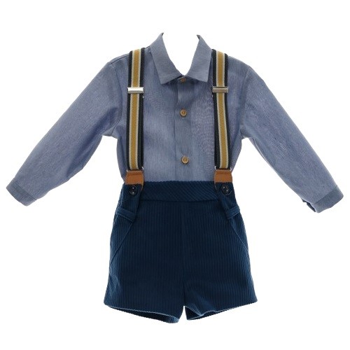 Completo camicia e bermuda in velluto con bretelle