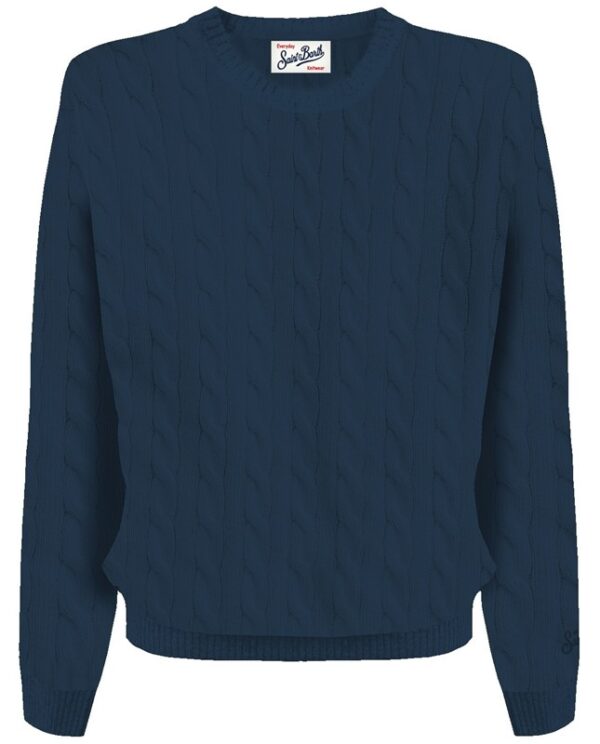 Maglione con trecce e ricamo logo sulla manica