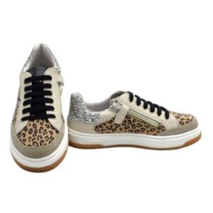 Sneaker in pelle e glitter con lacci e zip