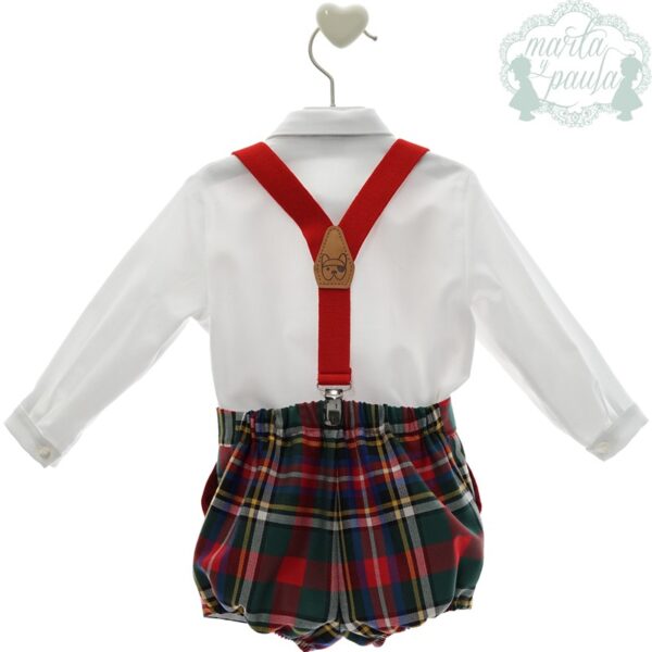 Completo camicia e bermuda a quadri con bretelle