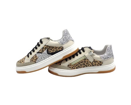 Sneaker in pelle e glitter con lacci e zip