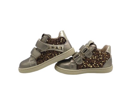 Sneaker primo passo in pelle laminata e glitter con velcro