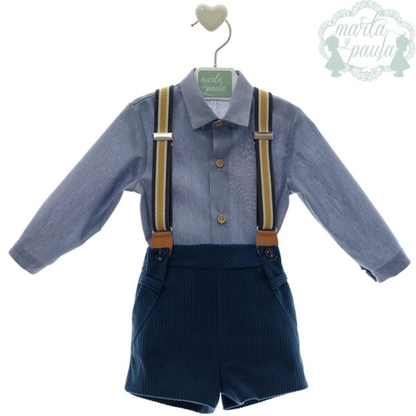 Completo camicia e bermuda in velluto con bretelle