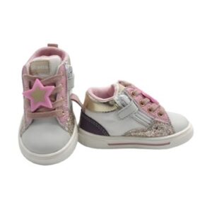 Sneaker primo passo in pelle e micro glitter con lacci