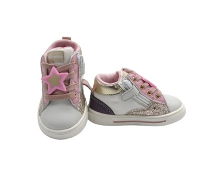 Sneaker primo passo in pelle e micro glitter con lacci
