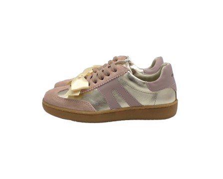 Sneaker in camoscio e pelle laminata con lacci zip e fiocco