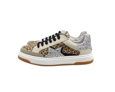 Sneaker in pelle e glitter con lacci e zip