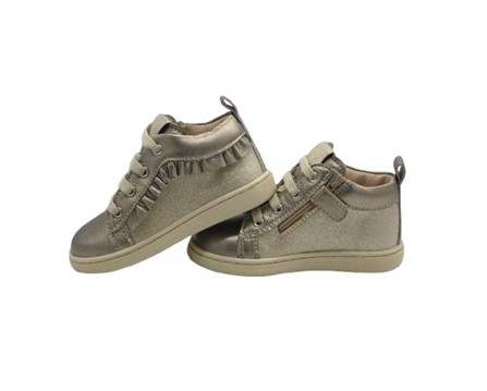 Sneaker primo passo in pelle laminata e micro glitter