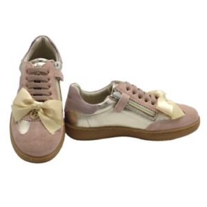 Sneaker in camoscio e pelle laminata con lacci zip e fiocco