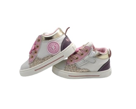 Sneaker primo passo in pelle e micro glitter con lacci