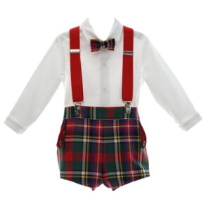 Completo camicia e bermuda a quadri con bretelle