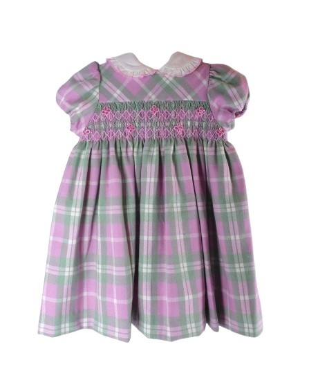 Vestito fantasia tartan con ricamo punto smock