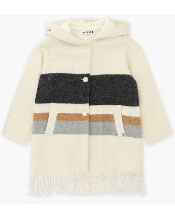 Cappotto con cappuccio in panno con frange al fondo