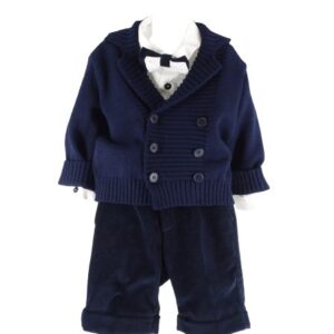 Completo cardigan, camicia con papillon e salopette