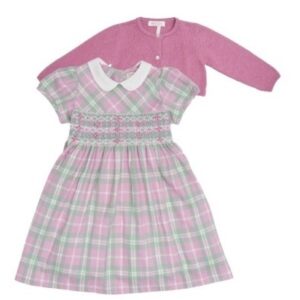 Vestito tartan con ricamo punto smock e cardigan corto