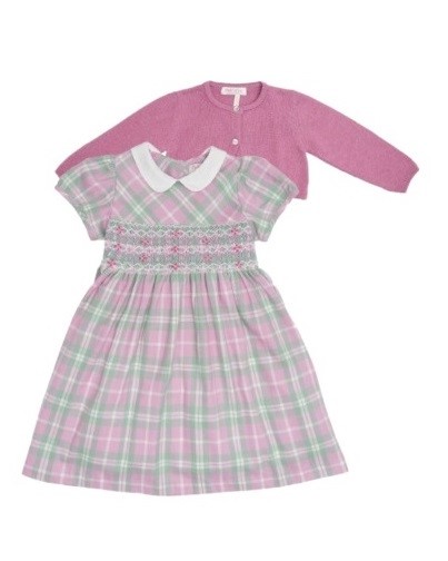 Vestito tartan con ricamo punto smock e cardigan corto