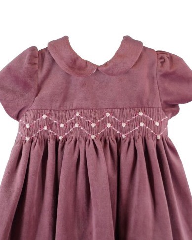 Vestito in velluto con ricamo punto smock