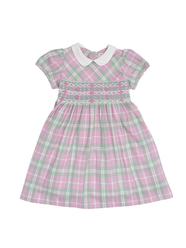 Vestito tartan con ricamo punto smock e cardigan corto