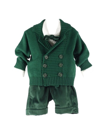 Completo cardigan, camicia con papillon e salopette