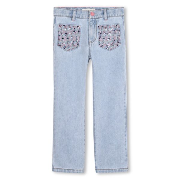 Pantalone in denim strass sulle tasche