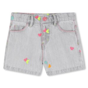 Short in denim con cuoricini ricamati