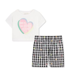 Completo t-shirtcon stampa e short a quadri con cuori