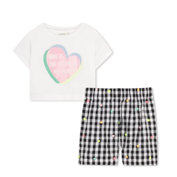 Completo t-shirtcon stampa e short a quadri con cuori