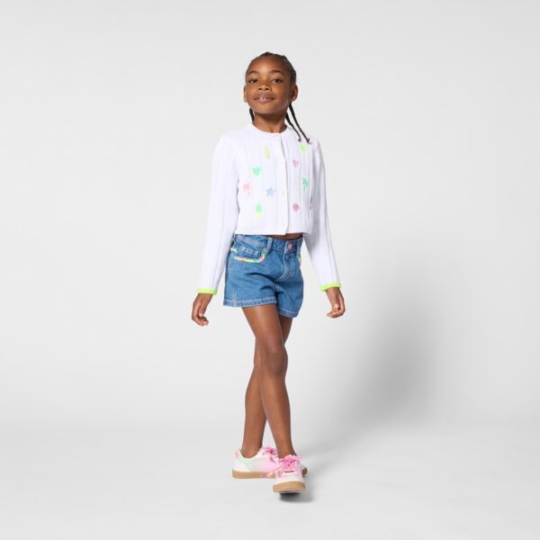 Short in denim con ricami multicolor