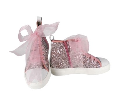 Sneaker alta in micro glitter con lacci in tulle e zip
