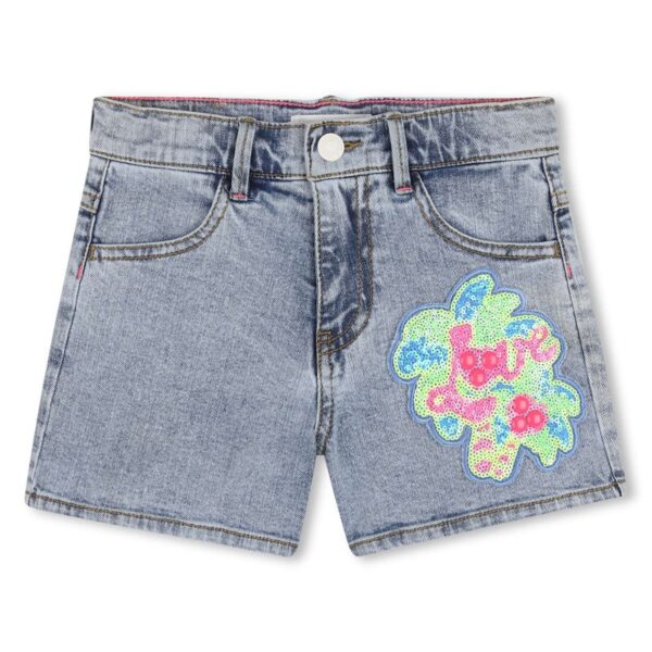 Short in denim con applicazione in pailettes