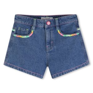 Short in denim con ricami multicolor