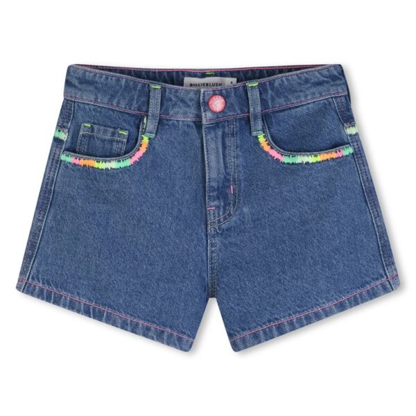 Short in denim con ricami multicolor