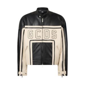 Giubbotto biker in pelle con logo