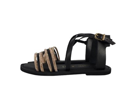 Sandalo in pelle e tubolari in strass con fibbia